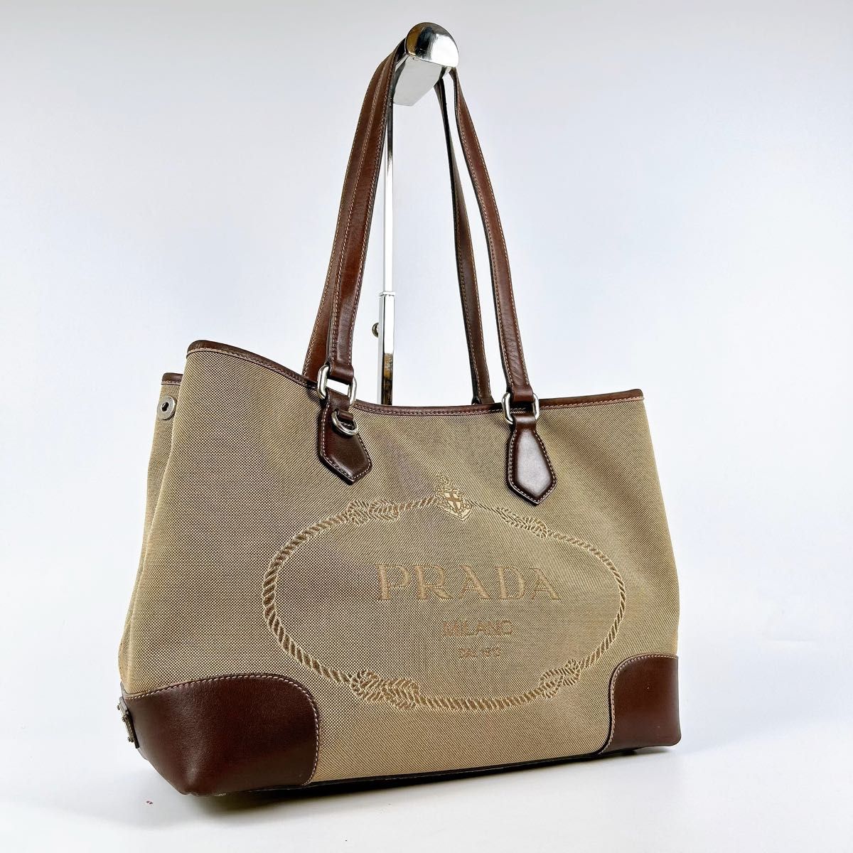 美品 PRADA プラダ キャンバス ジャガード レザー トートバッグ 肩掛け ショルダー