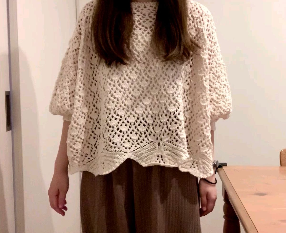 coca ニット かぎ編み クロシェ ドルマンスリーブ プルオーバー 重ね着 ボートネック ショート丈