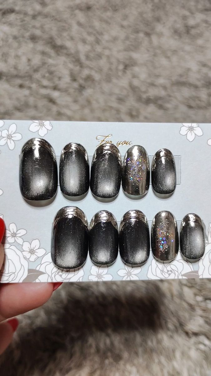 *ブラックマグネットミラーフレンチ* ジェルネイルチップ15469現品