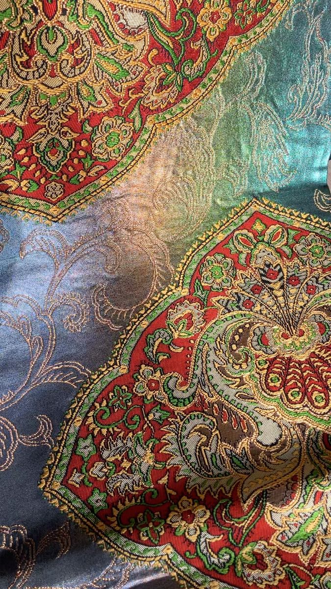 美品 着物 帯 袋帯 8 紋様 幾何学模様 唐草 アンティーク 正絹 金糸 唐織 金銀糸 袋帯 箔 華文