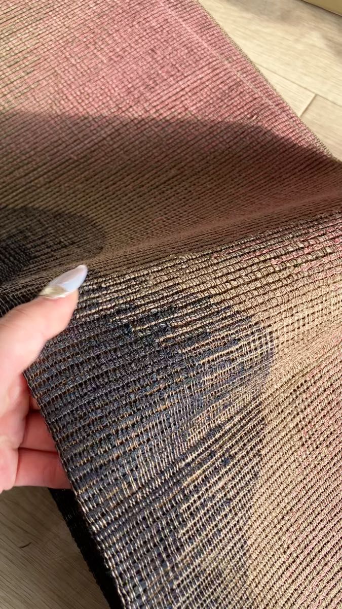 美品 着物 帯 袋帯 13 茶 赤 紋様 幾何学模様 植物 アンティーク 正絹 夏物 銀糸 袋帯 金糸
