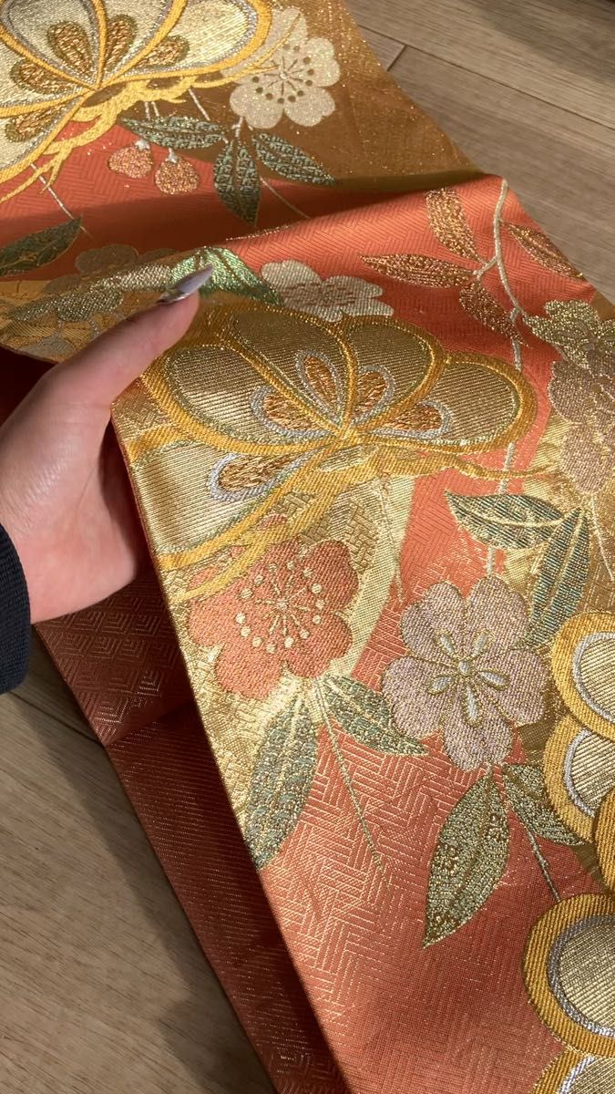 美品 着物 帯 袋帯 14 金 オレンジ 橙 松 竹 梅 正絹 金糸