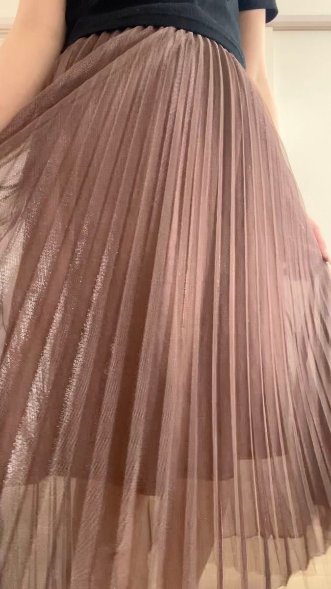 ブラウン シフォン プリーツ ロングスカート 2層重ね柔らかチュールスカート ふんわり広がるボリューム感 トレンドのマキシ丈感