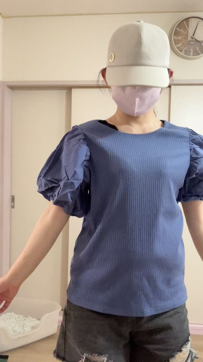 カットソー 半袖 トップス Tシャツ 無地 七分袖 ネイビー