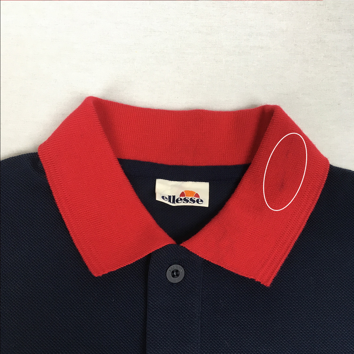 ellesse エレッセ ポロシャツ 鹿の子 日本製 サイズ4 赤/紺/白 半袖シャツ_左襟に汚れあり
