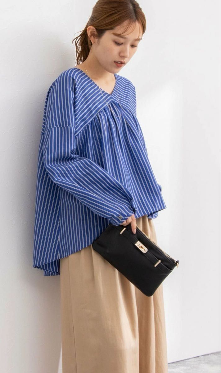 新品】ノーリーズ ストライプ ギャザー ブラウス ロング 新品】ノーリーズ ストライプ ギャザー ブラウス ロング