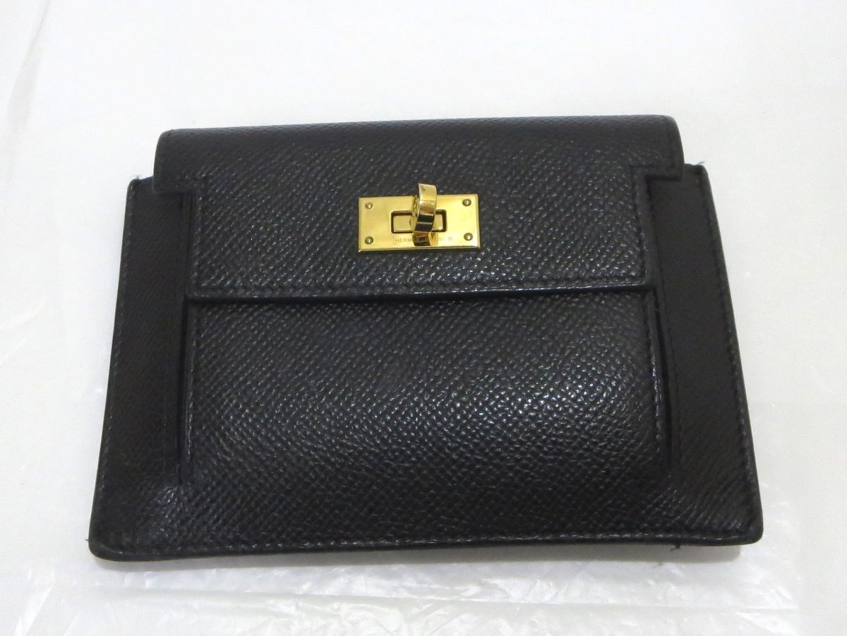 1000円スタート コインケース HERMES エルメス ケリーポケット ブラック ゴールド金具 コンパクト 小銭入れ カードケース 箱付 TEB W60010