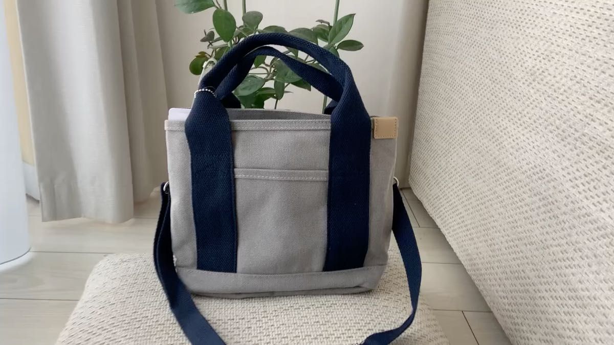 ミニトートバッグ 帆布 トートバッグ 2wayキャンバス 3つ仕切り 軽い 大容量 軽量 グレーxネイビー