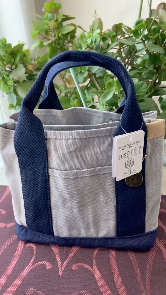 ミニトートバッグ 帆布 トートバッグ 男女兼用 キャンバス 3つ仕切り おしゃれ かわいい 軽い 大容量 軽量 グレーxネイビー