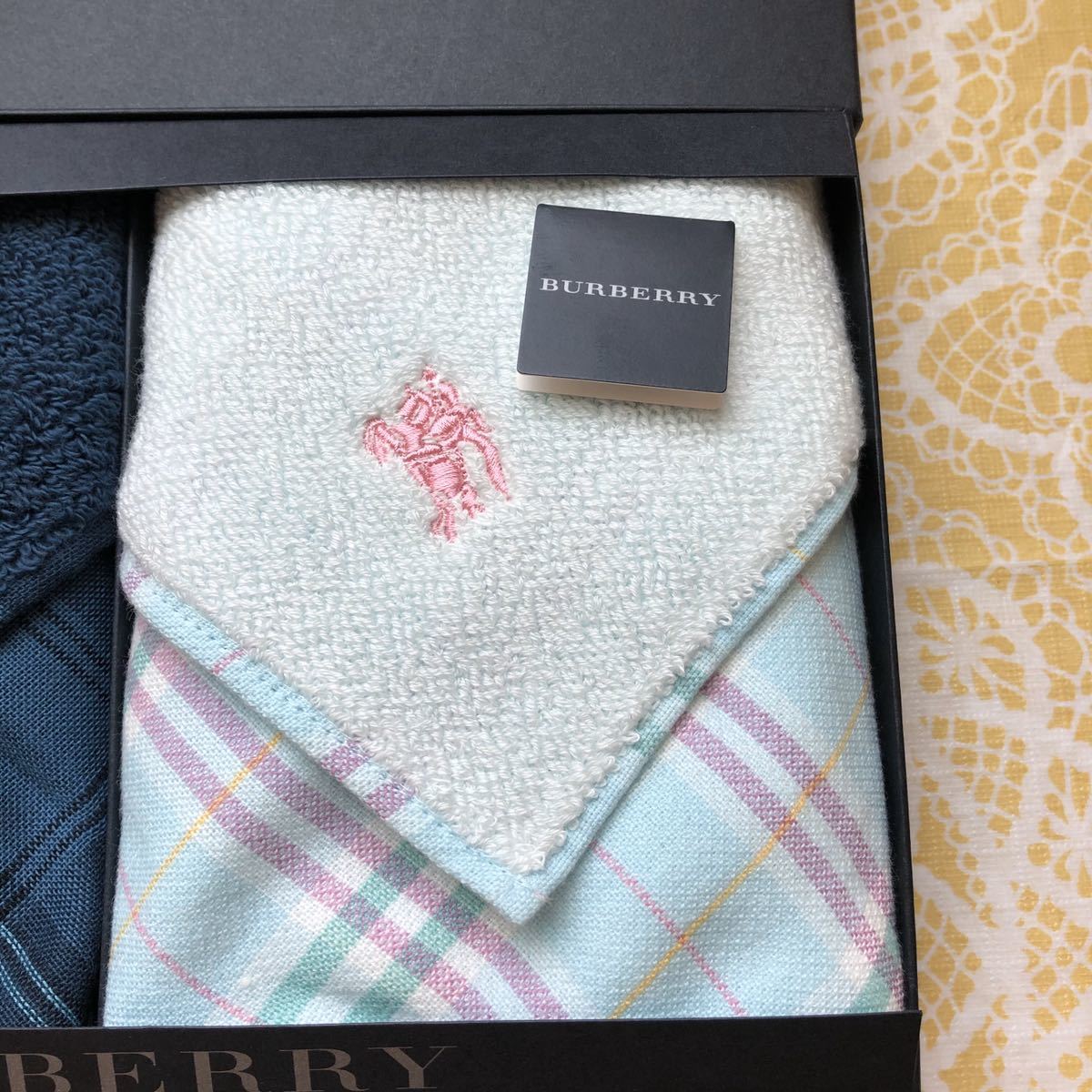 新品/BURBERRY/2枚セット/タオルハンカチ/正規品/バーバリー/綿100%/未使用/即決あり/ハンカチ//匿名発送/タグあり/ネイビー/水色/箱無し