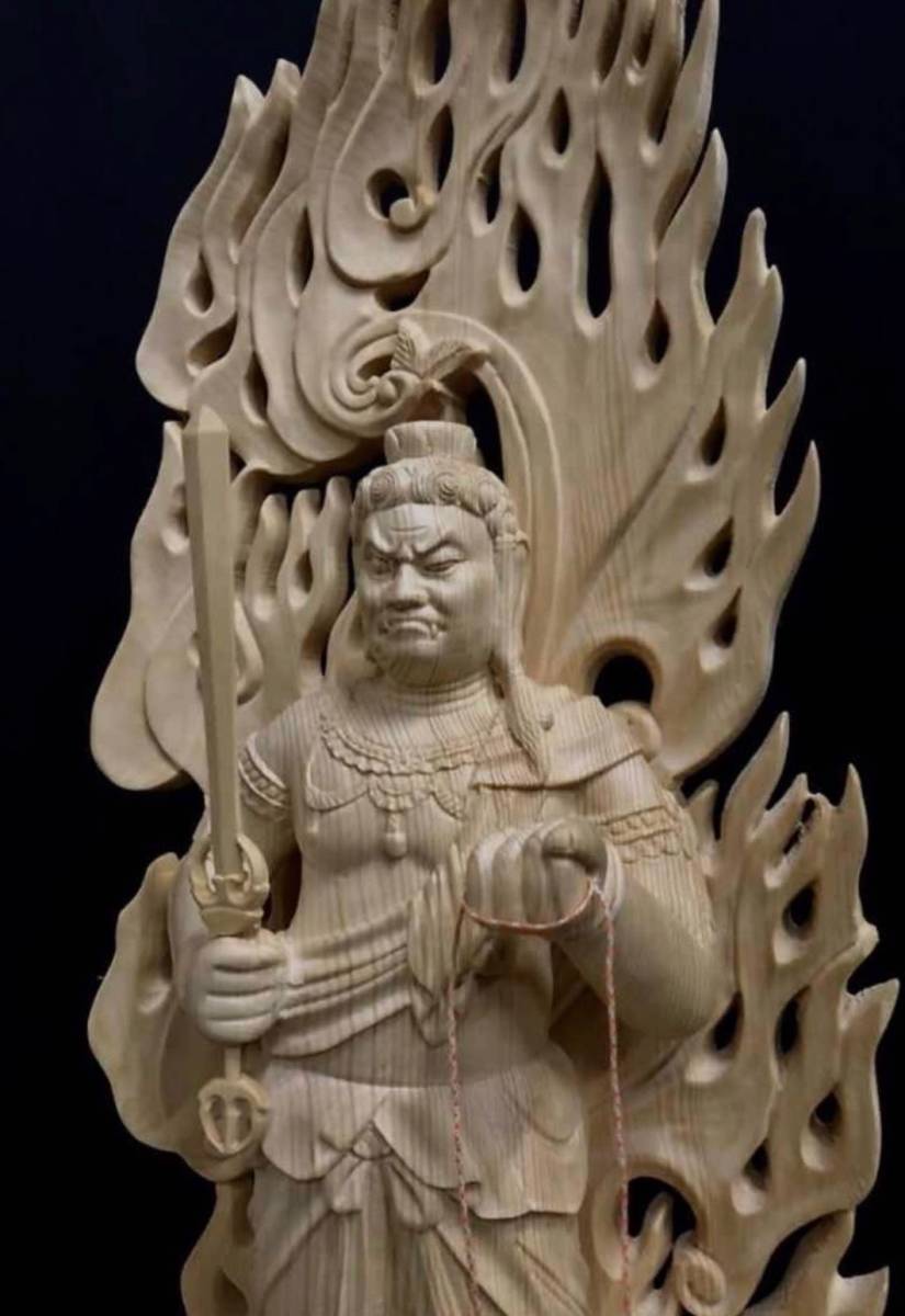 最新作　総檜材　仏教工芸品　木彫仏教　精密彫刻　極上品　仏師で仕上げ品　不動明王三尊立像