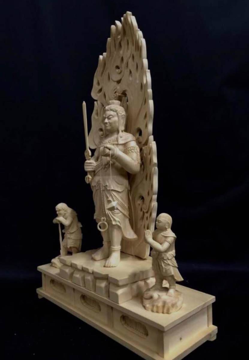 最新作　総檜材　仏教工芸品　木彫仏教　精密彫刻　極上品　仏師で仕上げ品　不動明王三尊立像