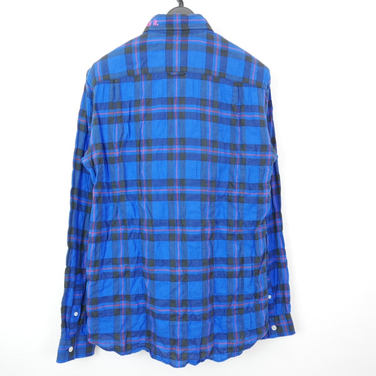 18SS uniform experiment ユニフォームエクスペリメント REGULAR COLLAR PRINT SHIRRING CHECK SHIRT 長袖 ロゴ刺繍 チェックシャツ BLUE 1_画像2