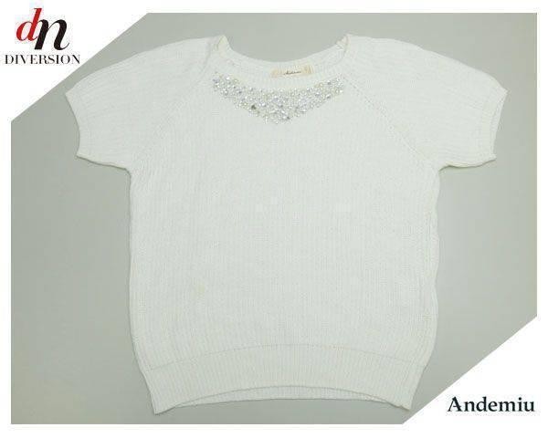 Andemiu アンデミュウ ビーズ コットン アクリル 半袖 ビジュー ビーズ装飾 サマーニット カットソー WHITE_画像1