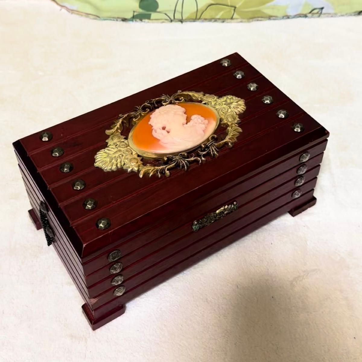 希少 木製 時代物 ジュエリーボックス 小物入れ カメオ風 オレンジ ゴールド musical box