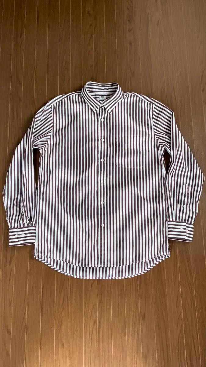 【送料無料】UNIQLO メンズ B.Dシャツ M ホワイト×ブラウン ストライプ ボタンダウン カジュアル フォーマル 白×茶