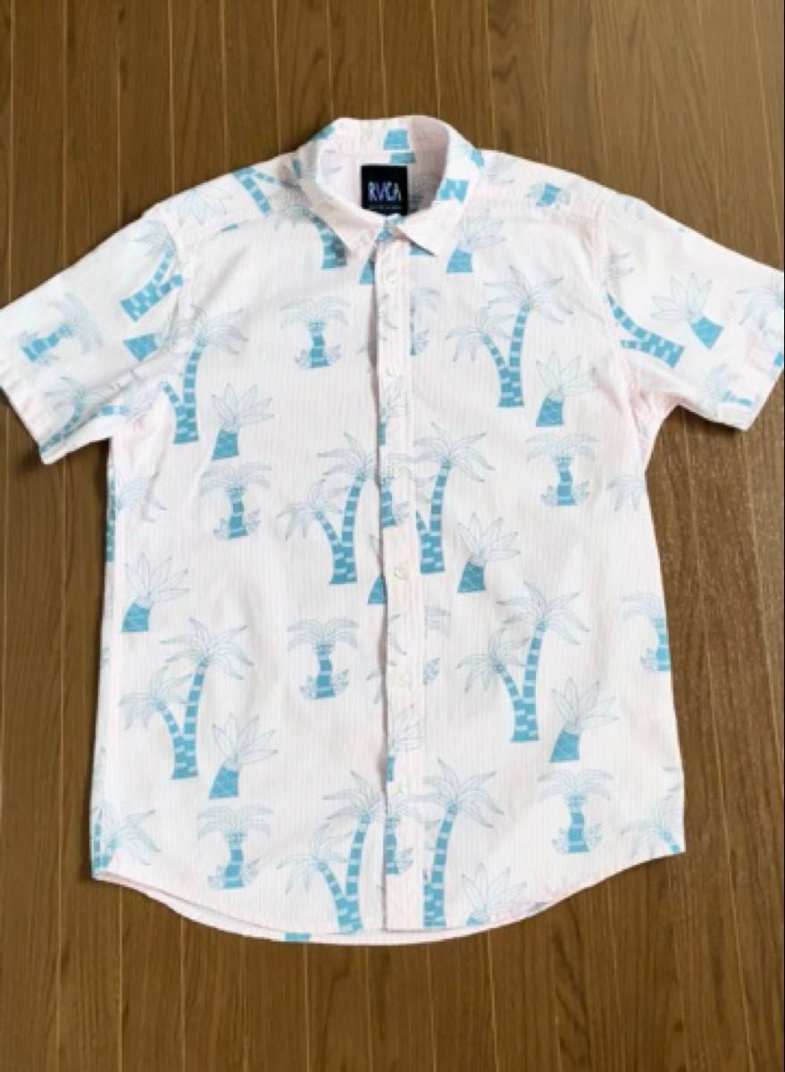 【送料無料】RVCA ルーカ ストライプシャツ ヤシの木柄 ピンク ホワイト メンズ レディース S サーフィン アロハ