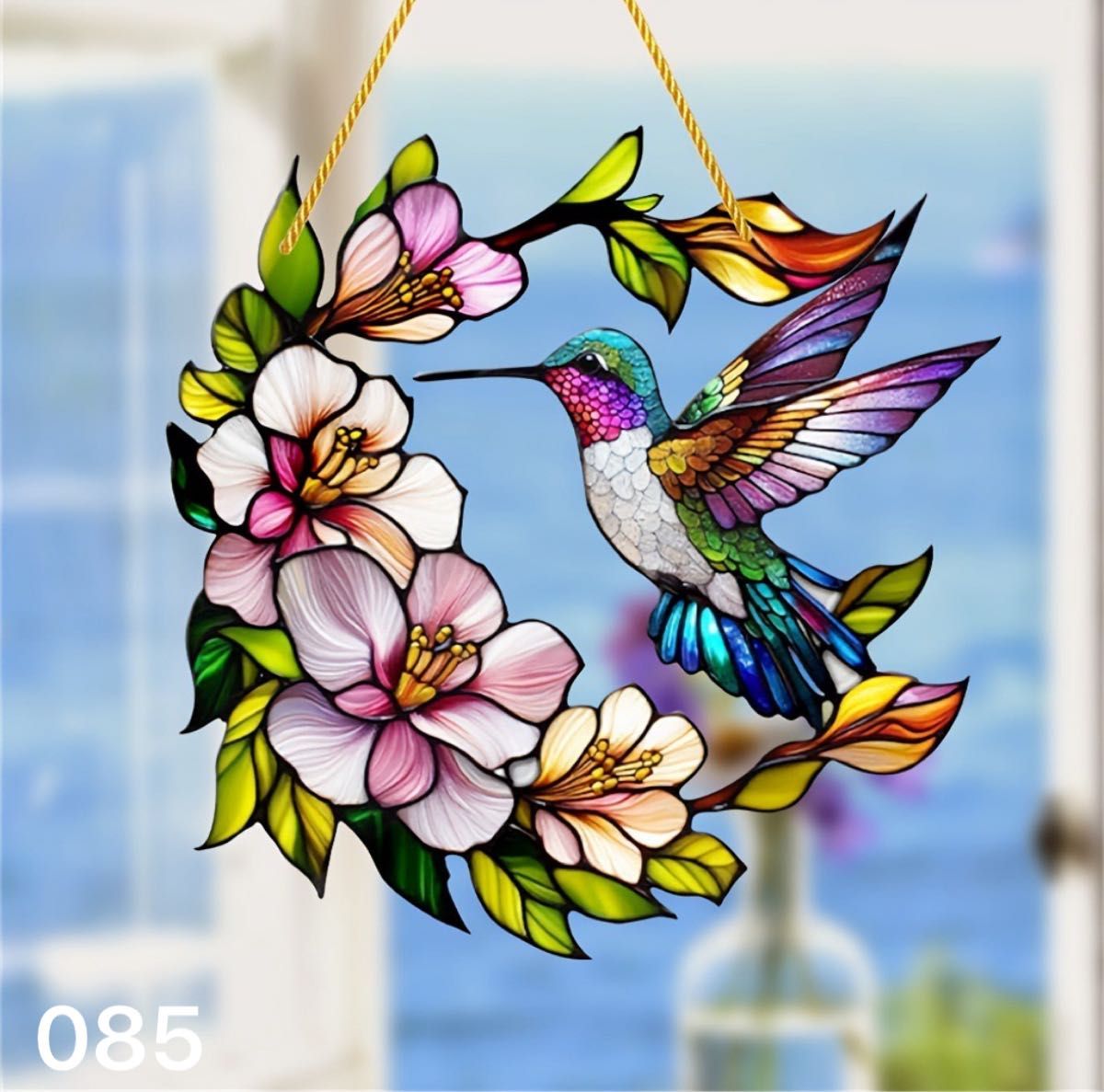 ハチドリとピンクの花のリース ステンドグラス風 サン