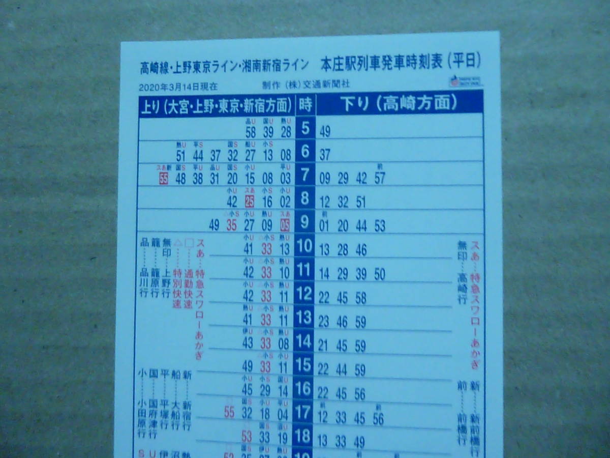JR東日本　高崎線　本庄駅　ポケット時刻表　2020/3/14_画像3