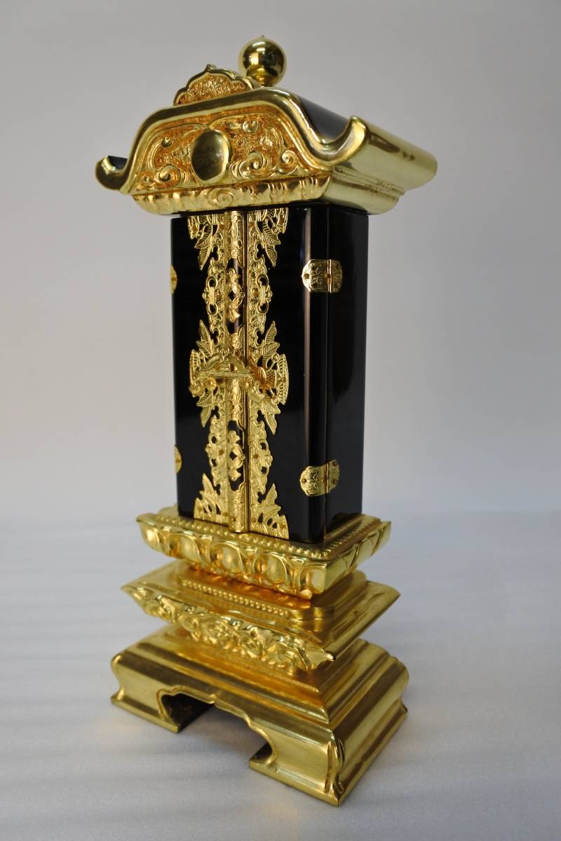 未使用保管品 本金箔 木製 三方金 雲過去帳 扉付 中京五重 四号 位牌