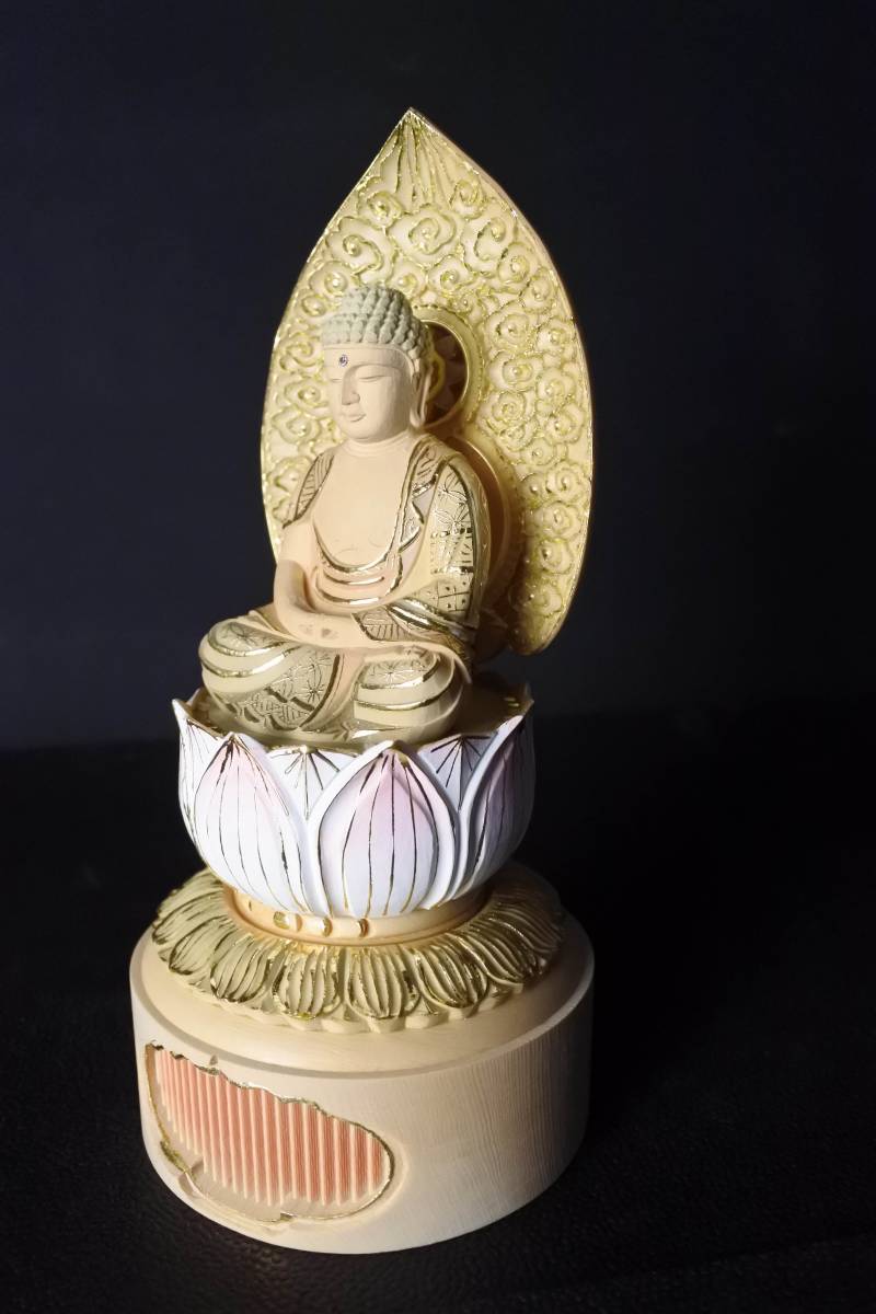 未使用保管品　総金箔　華蓮　彩色　座弥陀　木製　二寸　仏具　仏像（200514A1-3）4140　M_画像1
