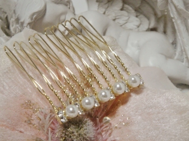 ♪ 新品 ヘアコーム かんざし 簪『高品質/夜会巻き/まとめ髪/GOLDメタル/12連スワロフスキー/5連パール/11本刺』♪