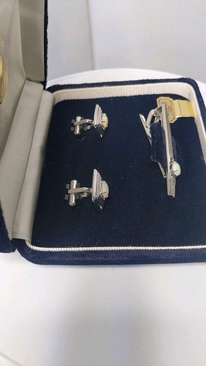 オパール カフスボタン&タイピン 3点セット ヴィンテージ シルバー