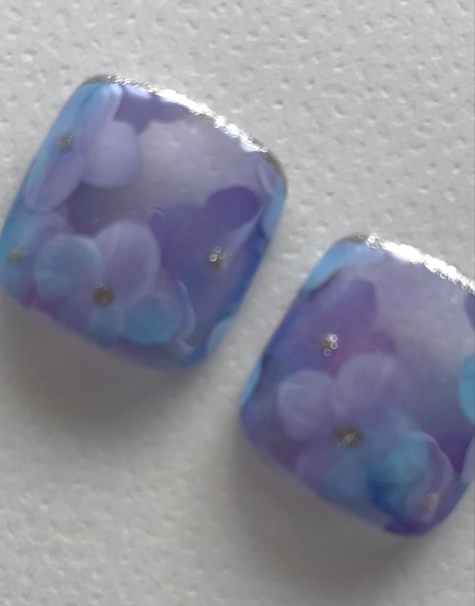 【現品】手書き紫陽花の透け感フットネイルチップ 紫×水色