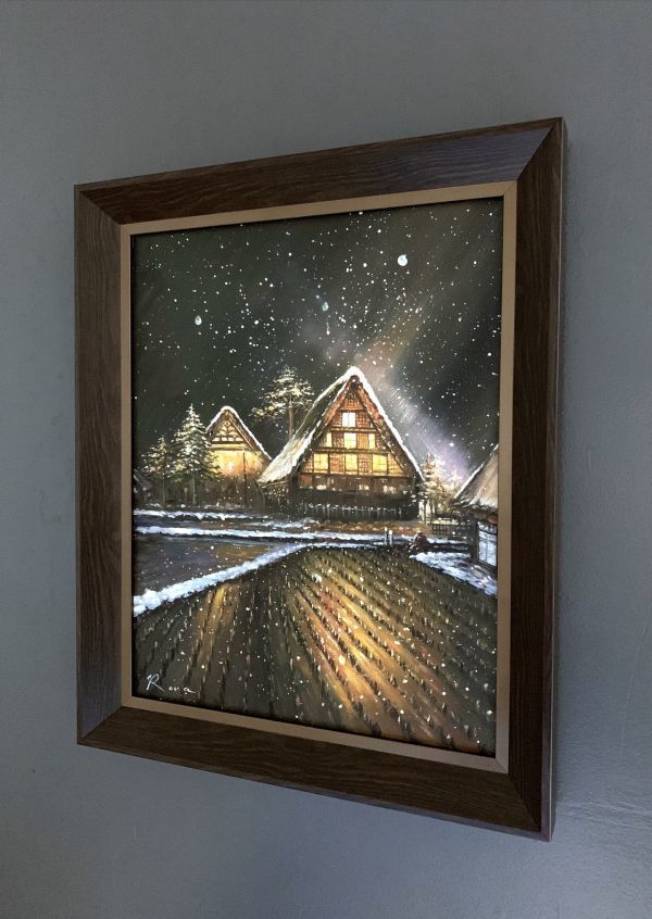 油絵 風景画『雪降る夜の白川郷』Rosa作 肉筆１点物 観光地 R11.19-M5_画像3