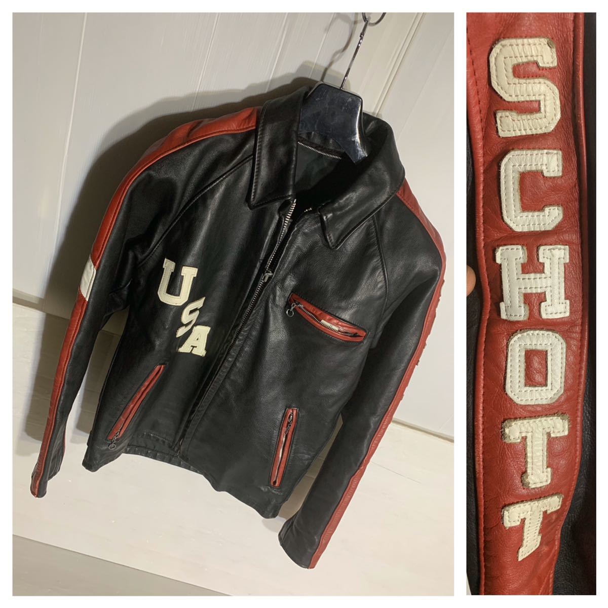SCHOTT ショット　USA製ヴィンテージ 441 腕ロゴ　サイドライン　シングルライダースジャケット　レザージャケット　36 黒赤白　ブラック