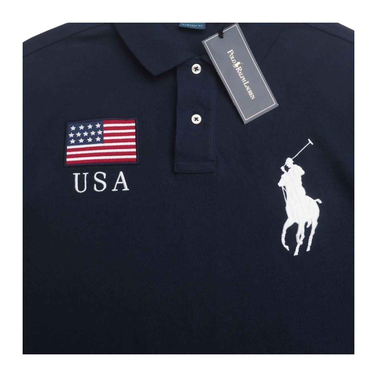 TI8959▽ポロラルフローレン/Polo by Ralph Lauren*メンズL*ビッグポニー/USA刺繍 星條旗ワッペン 鹿の子 ポロシャツ ピケシャツ ネイビー
