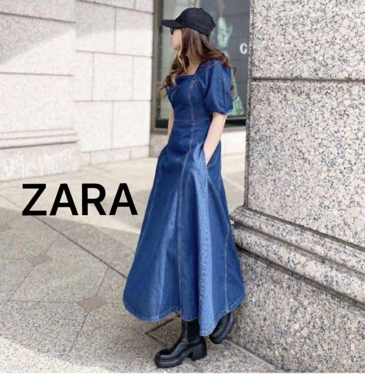 ☆ドイツ発*ZARA*新作*スクエアネックデニムワンピ☆ 美品】ZARA ザラ デニムワンピース スクエアネック XSサイズ