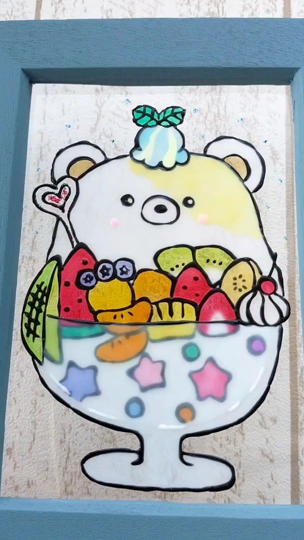 ステンドグラス風 シロクマ君のかき氷 グラスデコ グラスアート ガラス絵 イラスト 夏雑貨 ハンドメイド プレゼントに