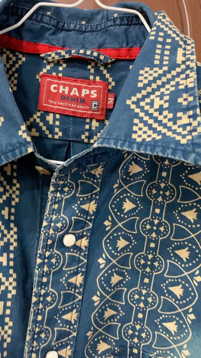 CHAPS DENIM 半袖シャツ メンズ 幾何学模様 インディゴ染めブルー