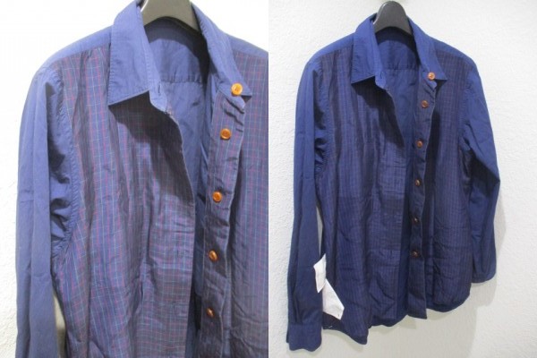 即決 03SS COMME des GARCONS HOMME PLUS コムデギャルソンオムプリュス Archive フロントチェック柄キュプラ素材切替 長袖シャツ ネイビー