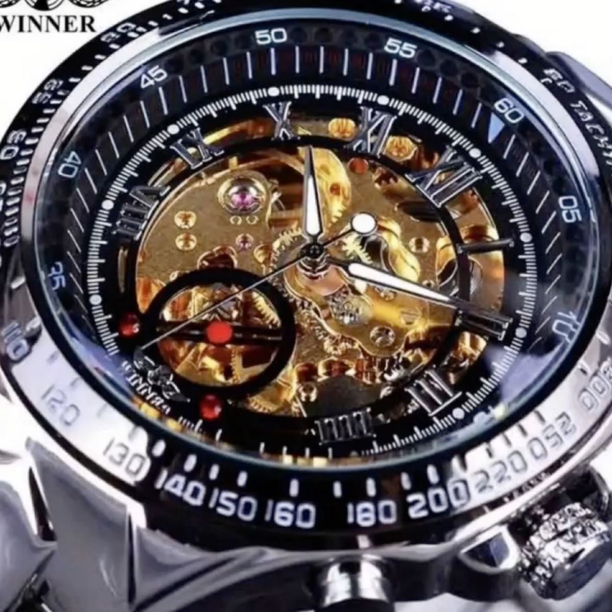 【新品】 Winner スケルトン 自動巻き 機械式 メンズ ウォッチ 腕時計 ビジネス ウォッチ シルバー & ブラック 化粧箱