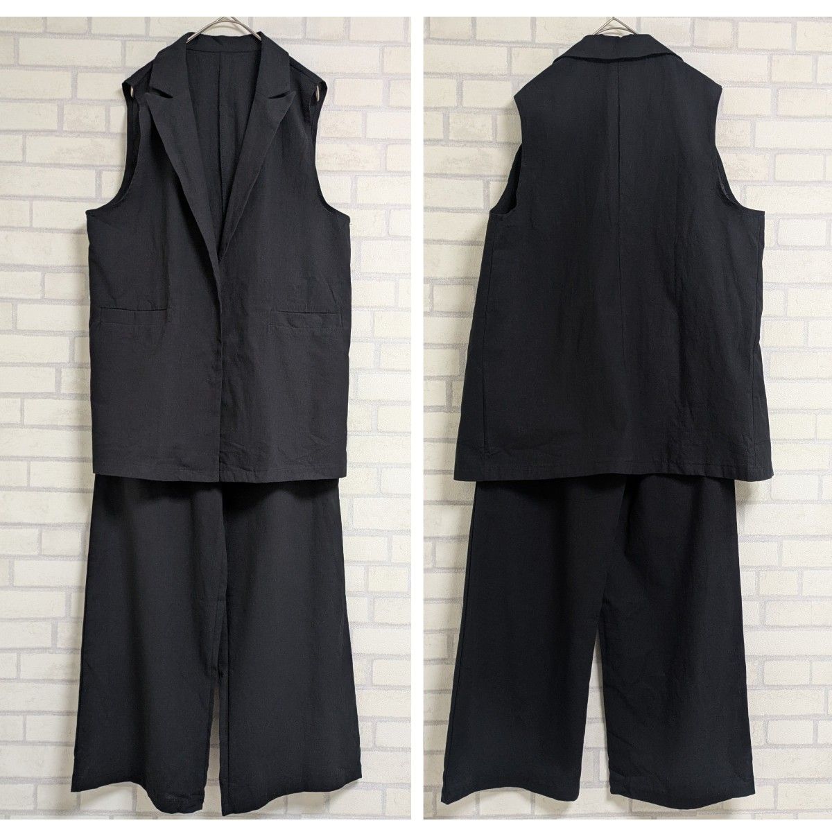 セットアップ ノースリーブ ジャケット ワイドレッグパンツ 黒 本日限りのSALEです パンツスーツ ジレ セットアップ 夏