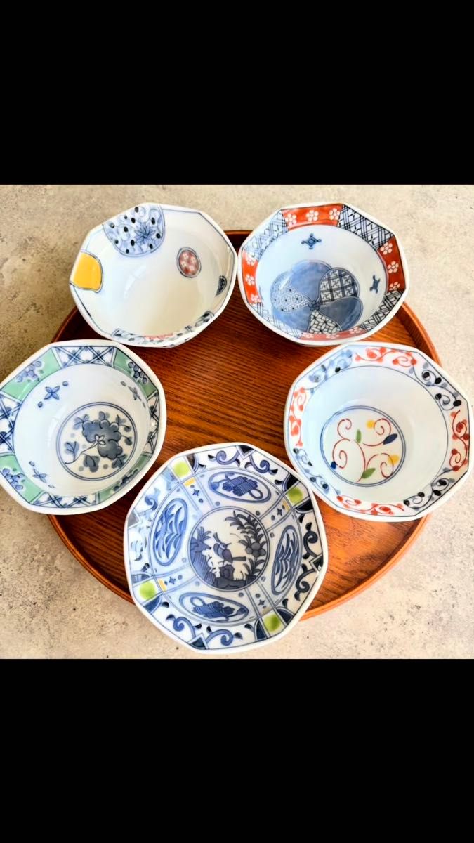 美濃焼 八角小鉢 5点セット 和食器 伊万里 食器 中鉢 深鉢 カップ 大きめ 小鉢 ボウル 和柄 唐草 内絵 外絵 青 赤 緑