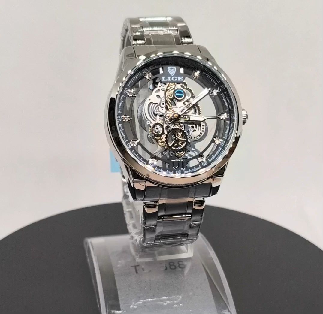 【NEW】LIGE LG8997E スケルトン クォーツ ステンレス バンド 腕時計 バンド調整キット 付き