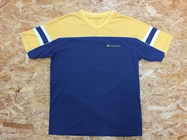 【(株)ゴールドウィン】 Champion チャンピオン サイズ不明 メンズ Tシャツ 切り返し生地 ロゴ刺繍 半袖 カットソー 綿×ポリ 黄色×紺×白_画像1