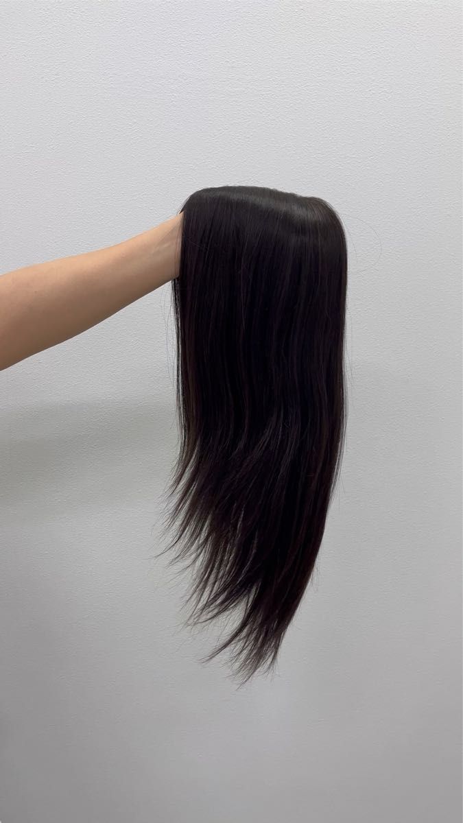 ストレートフルウィッグ / 高級レミー人毛100% 総手植え 40cm・【ブラック】通気性シルクスキン / 軽い / 分け目も自由