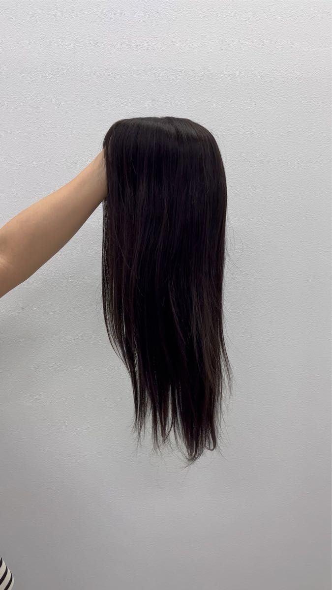 ストレートフルウィッグ / 高級レミー人毛100% 総手植え 45cm・【ブラック】通気性シルクスキン / 軽い / 分け目も自由