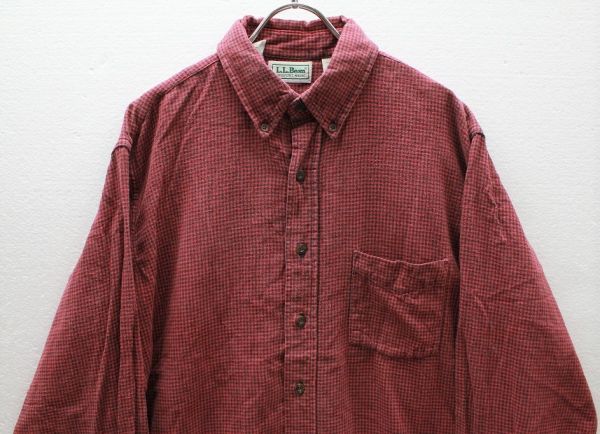 USA製 90's LLビーン LLBEAN ギンガムチェック コットン フランネルシャツ 赤×黒 (L) アメリカ製 90年代 旧タグ オールド ネルシャツ