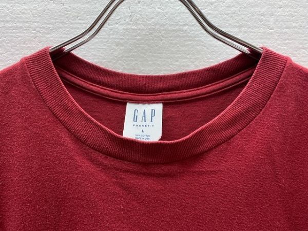 USA製 90's ギャップ GAP 半袖 コットン ポケットＴシャツ (L) エンジ系 ポケＴ 無地 ソリッドカラー アメリカ製 90年代 旧タグ オールド_画像5