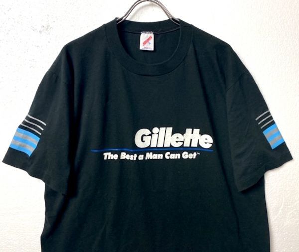 90's USA製 ジレット ロゴプリント クルーネック 半袖 Tシャツ 黒 (XL) 企業物 90年代 アメリカ製 袖プリント Gillette