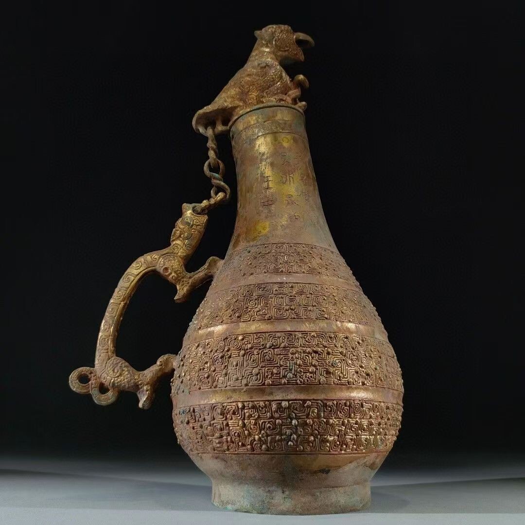 j1084中国古玩 旧家収蔵 青銅器 金 鳥蓋 瓠壺 盛酒 器 高さ39cm