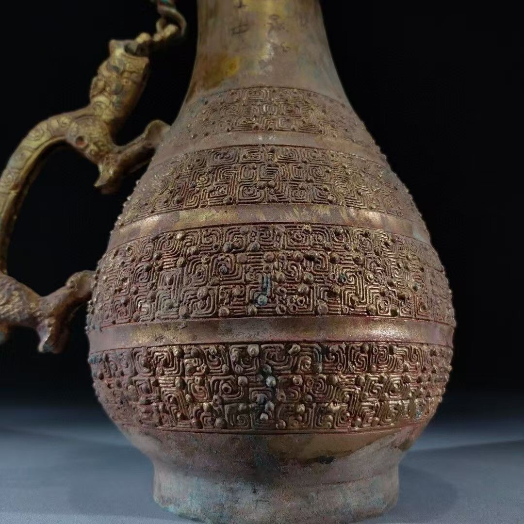 j1084中国古玩 旧家収蔵 青銅器 金 鳥蓋 瓠壺 盛酒 器 高さ39cm