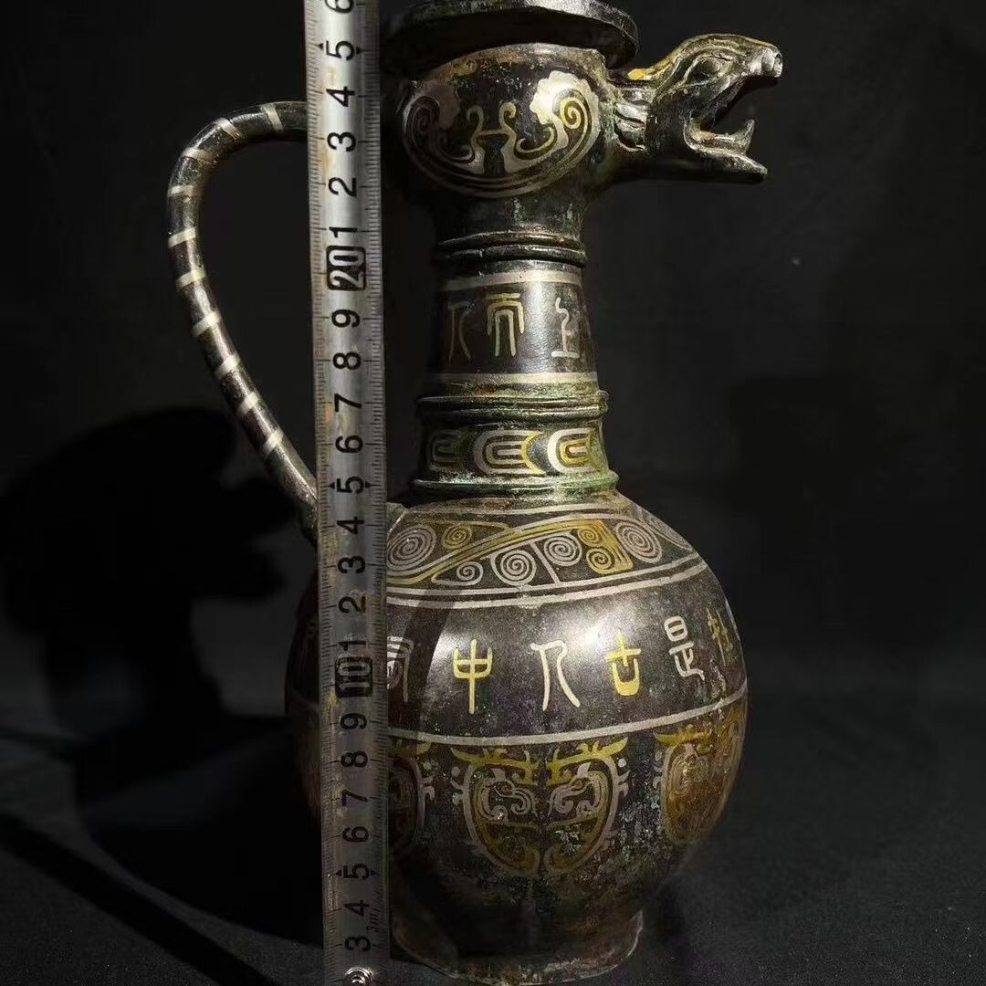j1143中国古玩 旧家収蔵 青銅器 錯金 蛇嘴 壺 置物 (銅製)｜売買