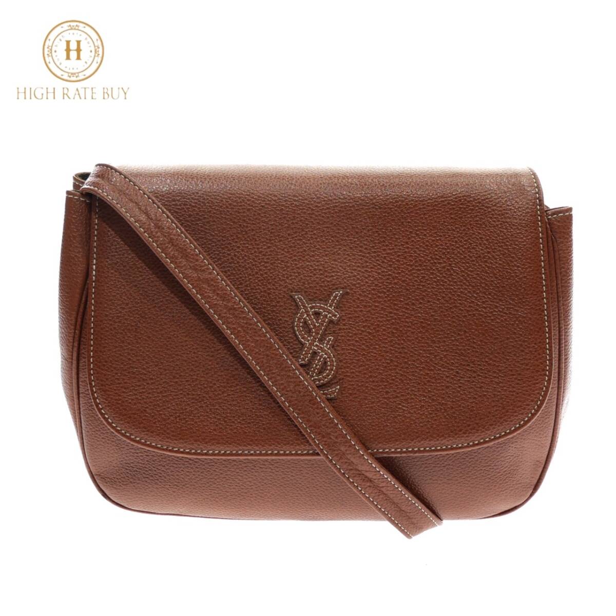 1円スタート YVES SAINT LAURENT イヴサンローラン レザー ショルダーバッグ YSLロゴ ゴールド金具 斜め掛け クロスボディ ブラウン