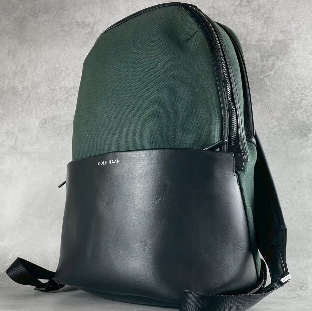 極美品/◎希少色 COLE HAAN コールハーン トライボロ メンズ ビジネス リュック バックパック A4可 2way 肩掛け 大容量 レザー カーキ 本革
